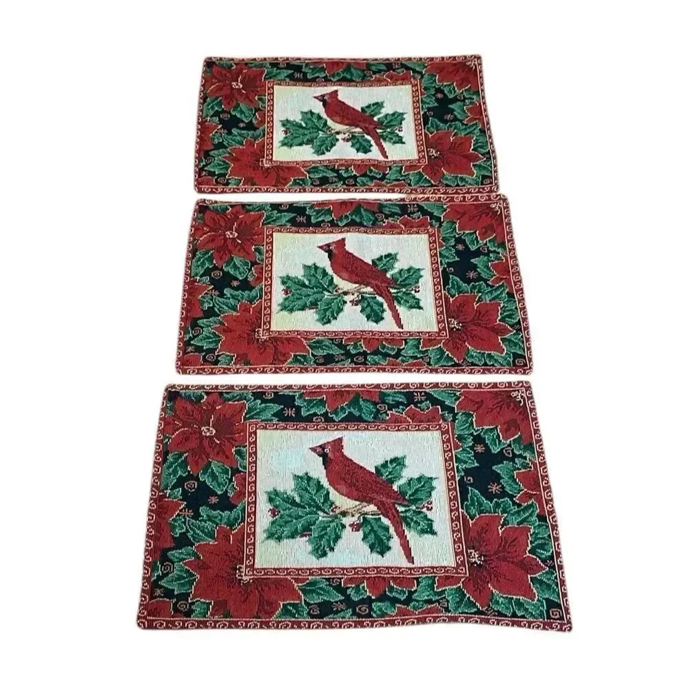 Cardinal Placemats, Vintage Christmas, set of 3, woven, Red Holiday, table mats